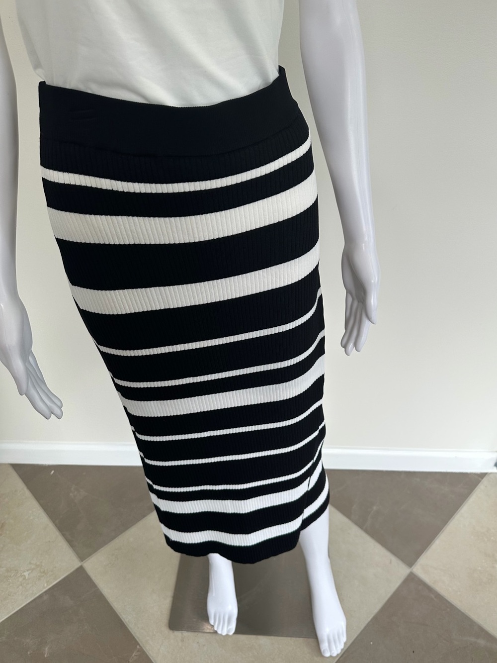 Striped Black and White Ribbed Midi Skirt